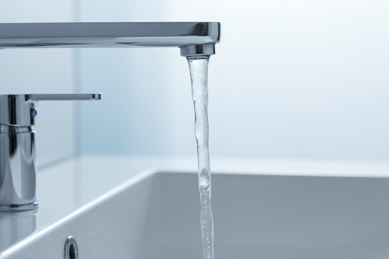 Chrome faucet with water flowing into a sink against a light blue background